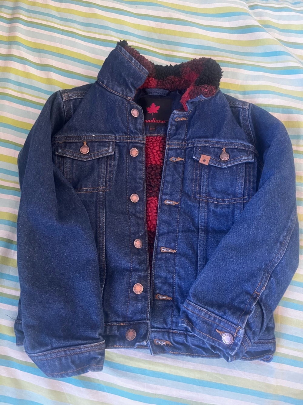 Kids' Dark Blue Denim Jacket with Red Sherpa Lining